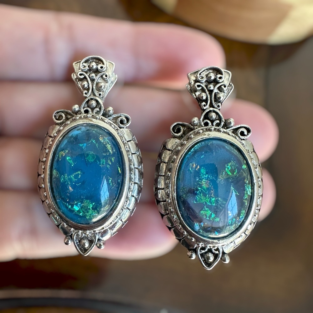 Vintage Artisan Earrings 1.8 Inch Floral Blue Foil Opal Acrylic Silver Plated